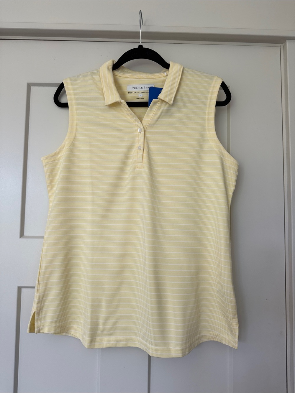 Pebble Beach Dry-Luxe Sleeveless Polo Tank - Pale Yellow with White Stripes L